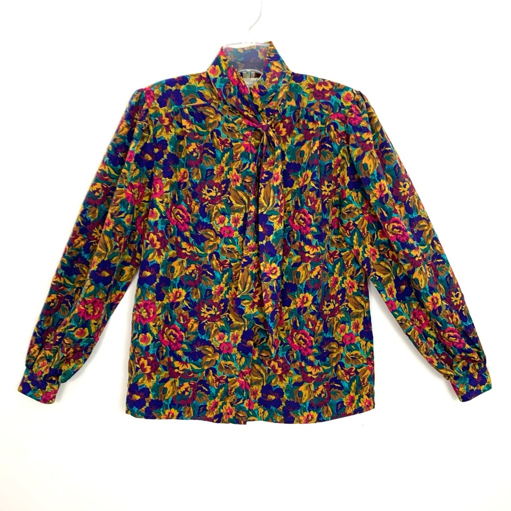 Vintage Laura & Jayne long sleeve floral blouse with neck strap